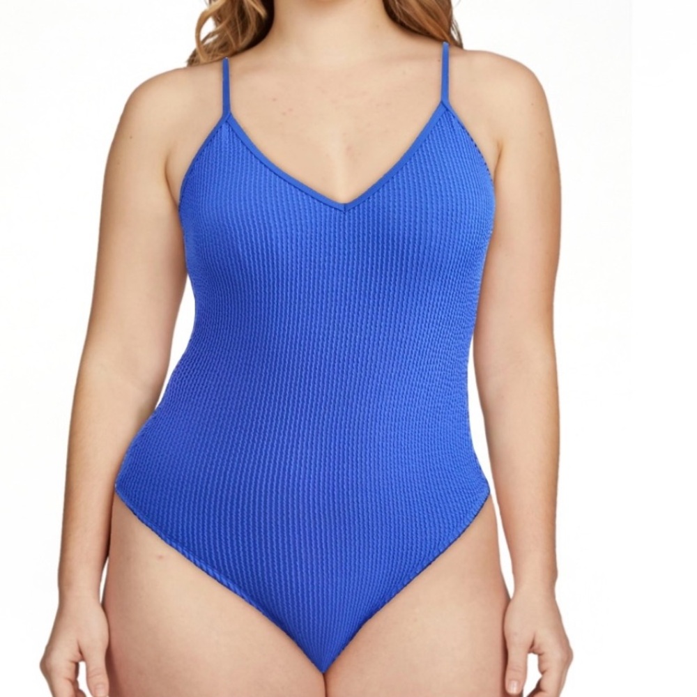 Crinkle High Leg One Piece Swimsuit No Boundaries Small 4-6 NWT Cobalt Blue - Picture 3 of 8